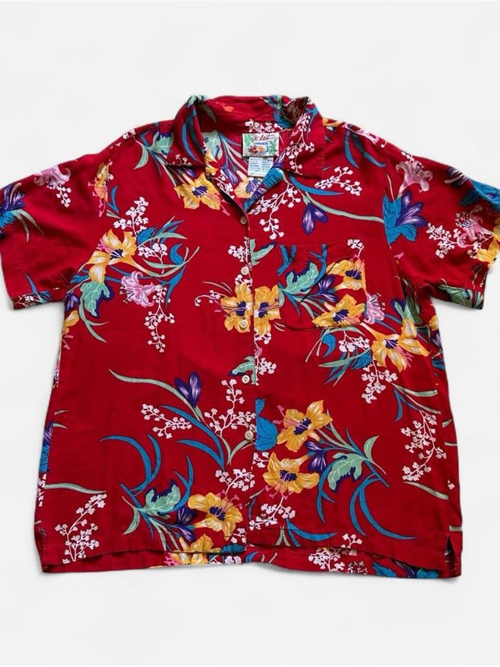 Vintage 1990s Red Floral Hawaiian Button-Up Shirt L
